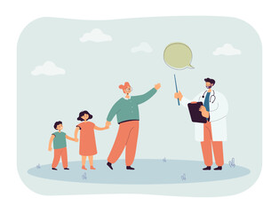 Mother bringing children to pediatrician. Child doctor giving recommendation or medical advice flat vector illustration. Family, healthcare concept for banner, website design or landing web page