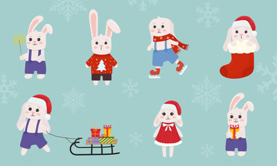 Naklejka premium Collection of cute christmas bunnies isolated on blue background. Bunny in different poses. Winter cartoon characters. Merry Christmas and happy new year. Flat style.