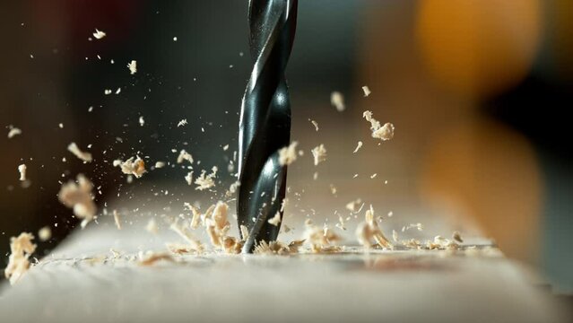 Super slow motion of a drill bit drilling into wood. macro. Filmed on high speed cinema camera, 1000 fps.