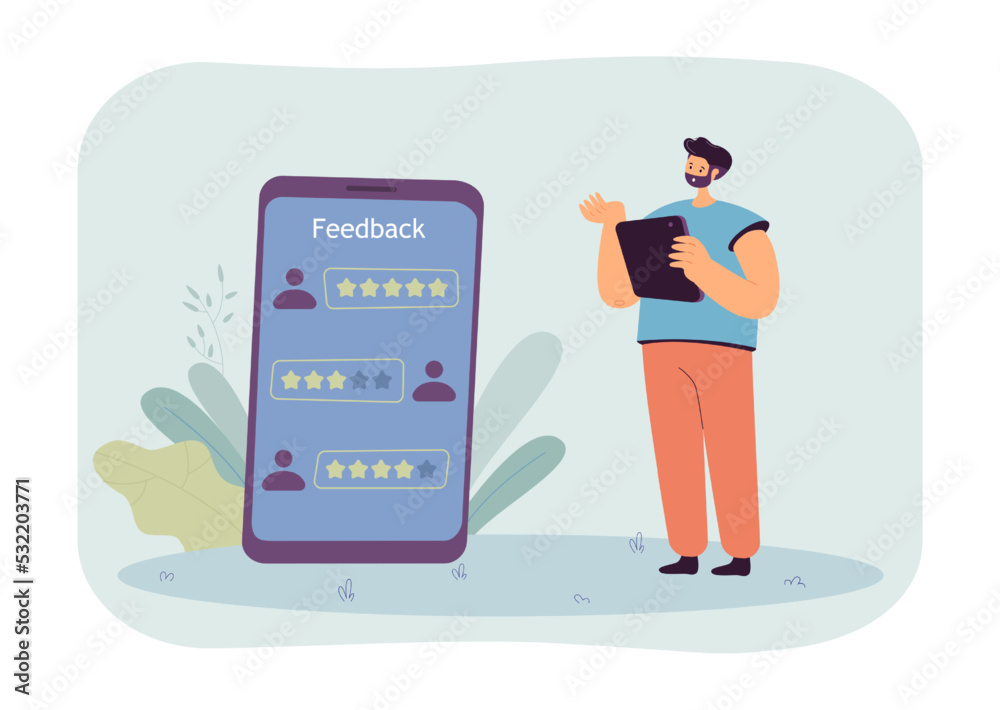 Wall mural manager or app developer next to phone with client reviews. satisfaction ratings of service or appli