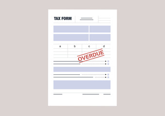 A tax return form template with a red overdue stamp, annual financial report