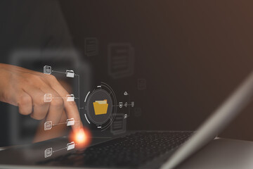 Using laptop with cloud storage system show on virtual screen. cloud storage technology, data storage, networking, internet service