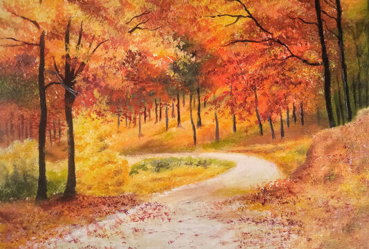 autumn. autumn painting using acrylic paints. fallen maple leaves on the street