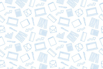 seamless pattern with business, office related icons: laptop, notebook, pen, binders, arrow, graph, calculator, envelope- vector illustration