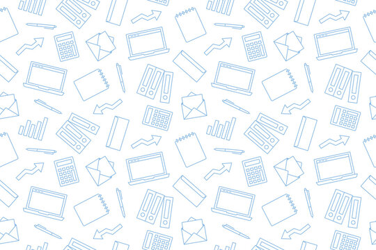 seamless pattern with business, office related icons: laptop, notebook, pen, binders, arrow, graph, calculator, envelope- vector illustration