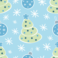 seamless winter pattern on a blue background in pastel colors, Christmas tree toy, snowflakes and a festive Christmas tree