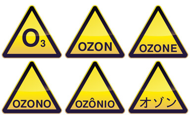Collection of yellow and black triangular danger signs about ozone and its dangers in different languages (English, French, Spanish, Japanese)