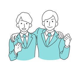 肩を組む、笑顔でガッツポーズするスーツの男性