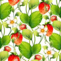 Strawberry background with flowers, wild berries, leaves. Seamless pattern.