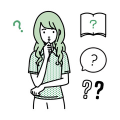 立って手をあごにあてて疑問を感じているポロシャツの女性 クエスチョンマークのセット