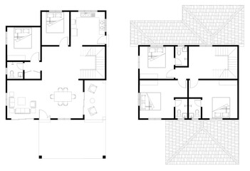 2D CAD 2 story house layout plan drawing with 5 bedrooms complete with 4 bathrooms, balcony, furniture, kitchen, living room porch and furniture. Drawing produced in black and white. 