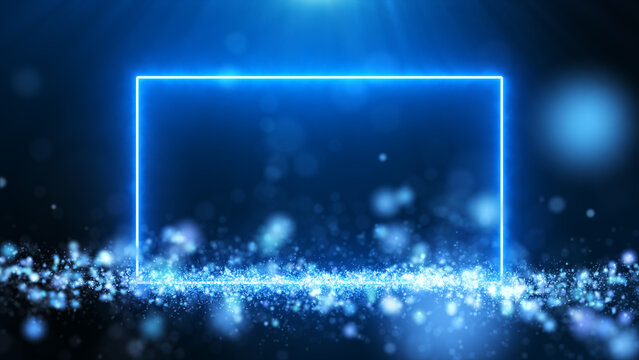 Rectangle Blue Neon Light On Dust Particle Background.