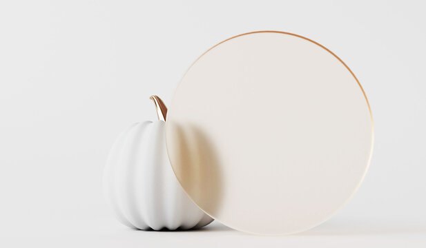 White and gold festive pumpkin with a glass frame. Halloween and thanksgiving background. 3D Rendering