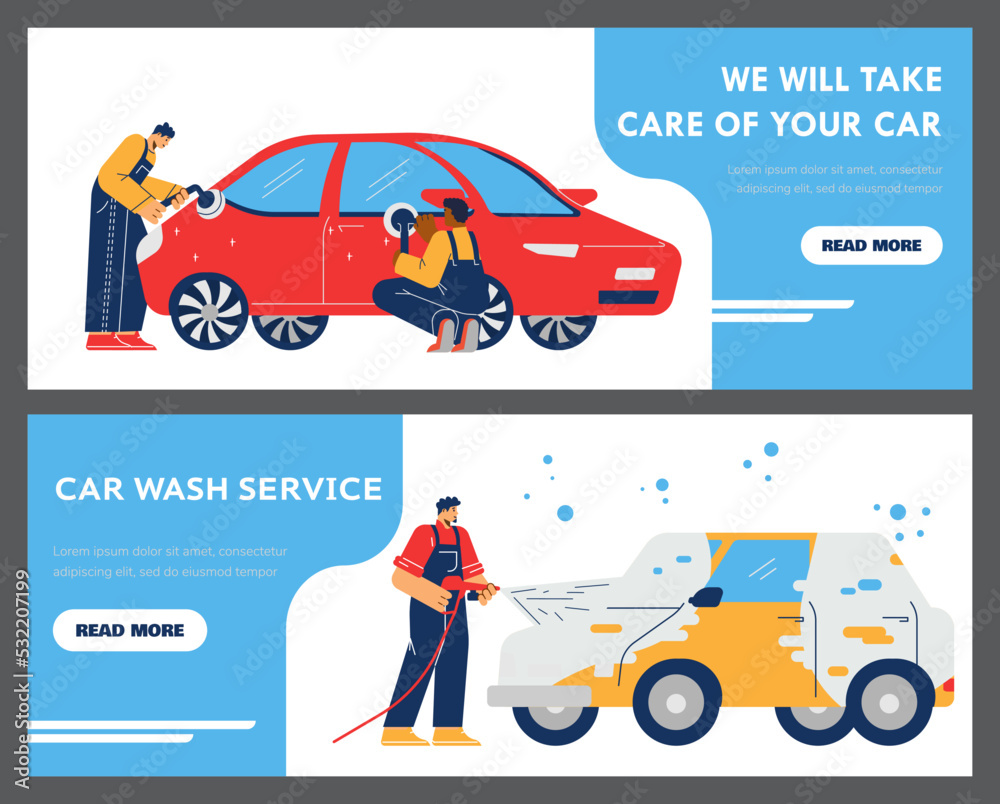 Wall mural Car wash, vacuuming and polishing services banner flyer templates, flat vector.