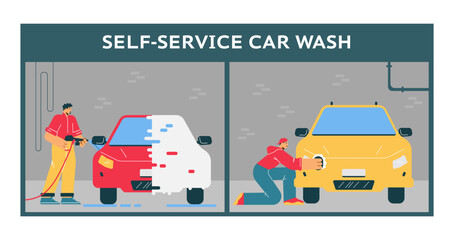 Fototapeta na wymiar Self service car wash scene, man cleaning his car with water jet and sponge, flat vector illustration.