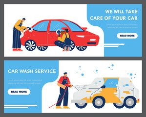 Car wash, vacuuming and polishing services banner flyer templates, flat vector.
