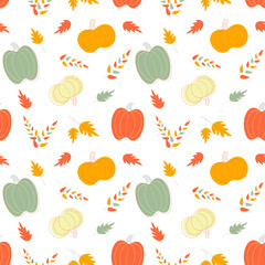 Pumpkin autumn vector pattern. Fall season phone, desktop wallpaper. Yellow, blue, green squash, leaves, oak leaves. Harvest cosy season. Gift, wrapping paper design.