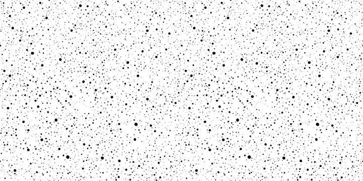 Dots, splashes, spray, round specks, snow texture seamless background. Black and white grunge monochrome template. Tiny uneven ink spots, speckles, flakes, blobs pattern.	