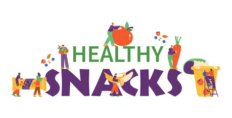 Healthy snack banner header with people carrying vegetarian food, flat vector.