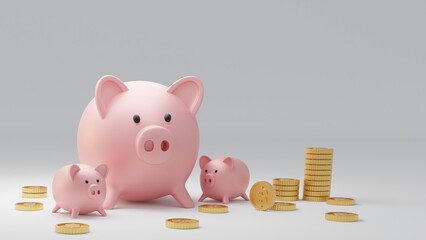 3D render of Piggy bank on gray background
