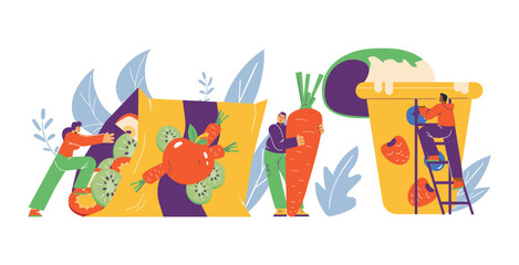 Men and woman with different huge snacks flat style, vector illustration