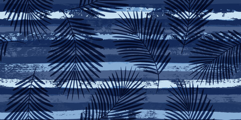 Tropical pattern, palm leaves seamless vector floral background. Exotic plant on blue stripes print illustration. Summer nature jungle print. Leaves of palm tree on paint lines. ink brush strokes