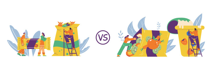 Candies and chocolate bar versus yogurt and fruit chips, flat vector illustration isolated on white background.