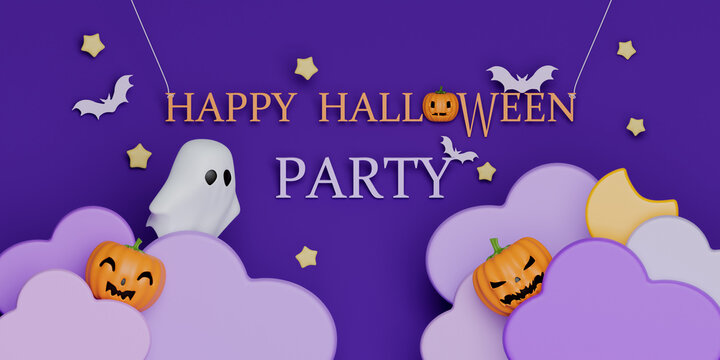3d Happy Halloween banner or party invitation background in paper cut style. Halloween festival concept