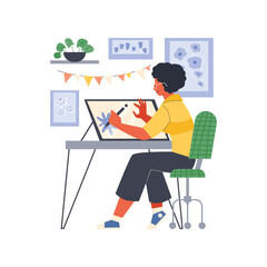 Curly woman graphic designer character working on special desk flat style