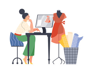 Fashion designer or seamstress developing clothes on computer, flat vector illustration isolated on white background.