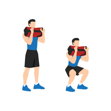 Man doing Powerbag or sandbag squat in 2 steps in side view. Flat vector illustration isolated on white background