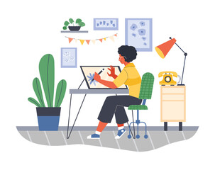 Graphic designer or digital artist using graphics tablet, flat vector isolated.