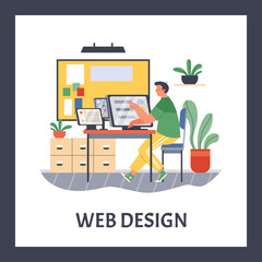 Web design banner or poster template with designer flat vector illustration.