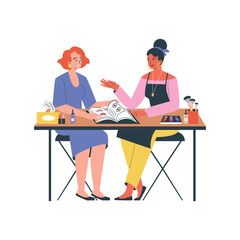 Makeup artist and her client discuss makeup, flat vector illustration isolated.