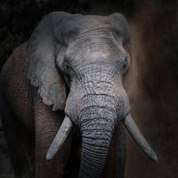 closeup of African elephant bull with thick tusks in a cloud of dust