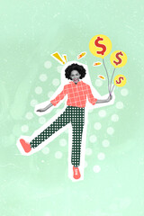 Fototapeta premium Artwork magazine picture of smiling happy rising dollars inflate balloons isolated drawing background
