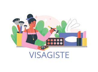 Visagist or makeup beautician banner or emblem flat vector illustration isolated.