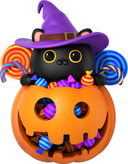 3d illustrator of halloween cat and candy pumpkin