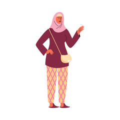 Muslim women in closed clothes wearing hijab flat vector illustration isolated.