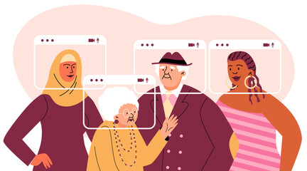 Group of diverse people with web site frames over their head, flat vector illustration on white background.