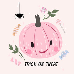 Pumpkin, spider and sweets background. Halloween vector illustration.