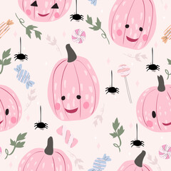 Pumpkin, spider and sweets seamless pattern. Halloween background.