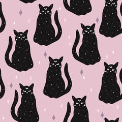 Black cat seamless pattern. Halloween background. - 532212197