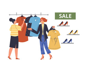Woman shopping during sale with shop assistant, flat vector illustration isolated on white background.