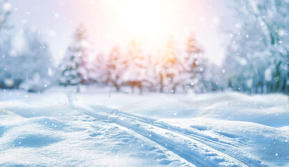 Beautiful background image of a snowy morning winter forest with small snowdrifts close-up and light snowfall.