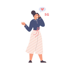 Cute smiling woman talking on mobile phone using 5G technologies flat style