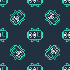 Line Photo camera for diver icon isolated seamless pattern on black background. Foto camera icon. Diving underwater equipment. Vector