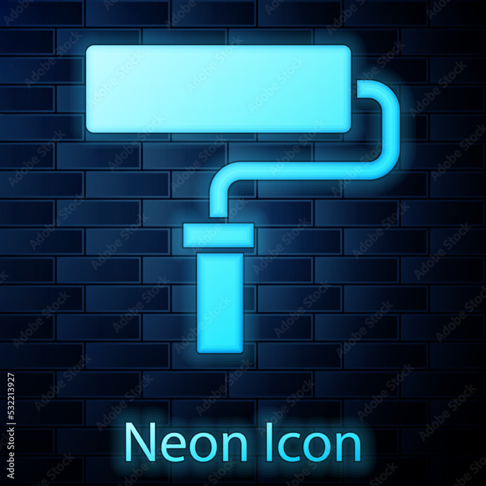 Sticker glowing neon paint roller brush icon isolated on brick wall background. vector