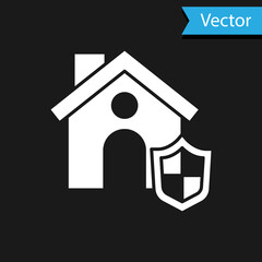 White House with shield icon isolated on black background. Insurance concept. Security, safety, protection, protect concept. Vector.