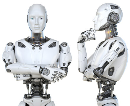 Humanlike-robot in a pensive posture and standing